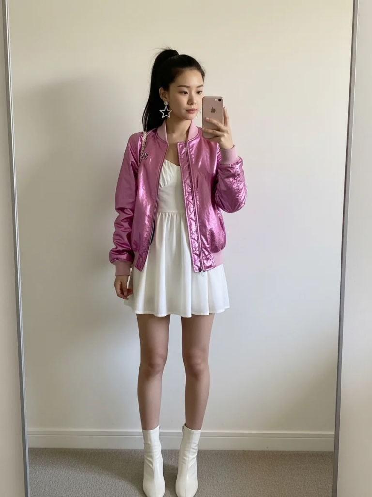 Metallic Pink Bomber Jacket and White Mini Dress