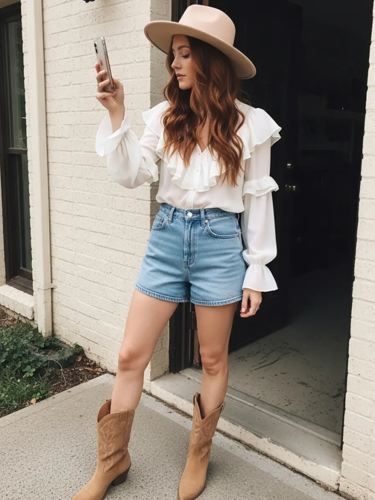 Sheer Ruffle Blouse and Denim Shorts