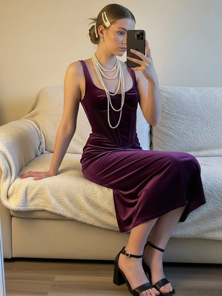 Velvet Corset Dress with Pearl Accessories