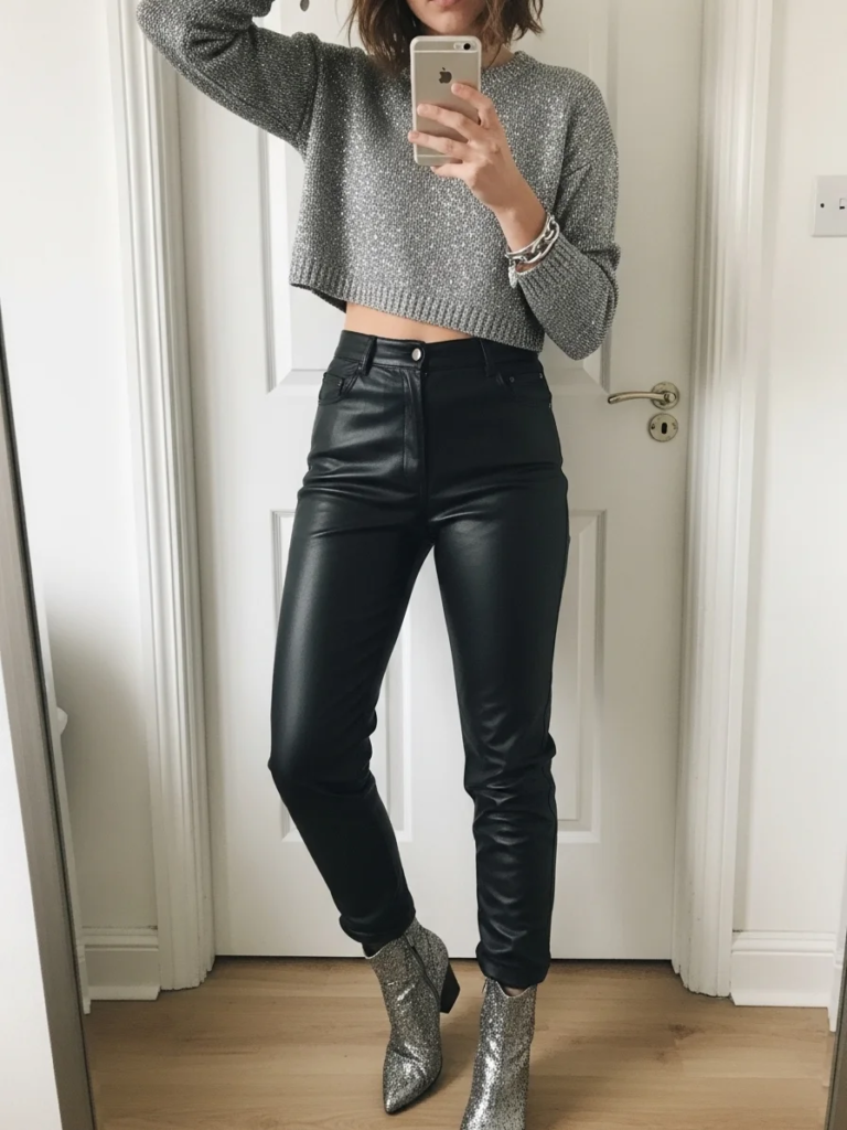 Cropped Glitter Sweater and Leather Pants