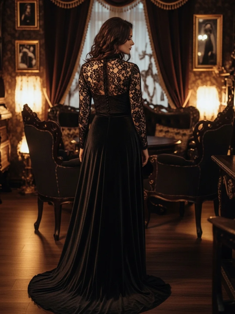 Black Velvet Gown with Intricate Lace High Neckline and Flowing Skirt