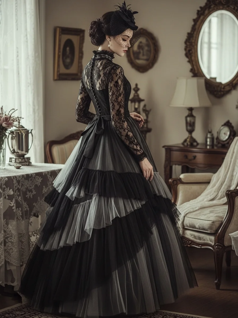 Full-Length Victorian Lace Dress with Layered Tulle Skirt