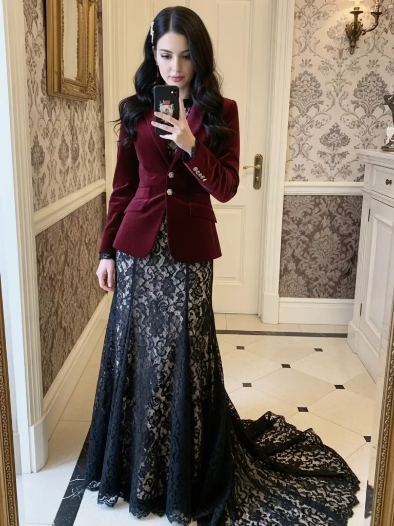 Burgundy Velvet Blazer over Black Lace Dress with Long Train
