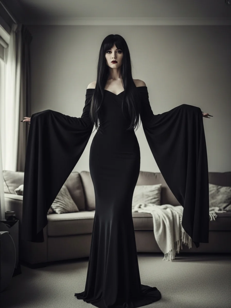 Morticia Maxi Dress with Off-Shoulder Flowing Fabric