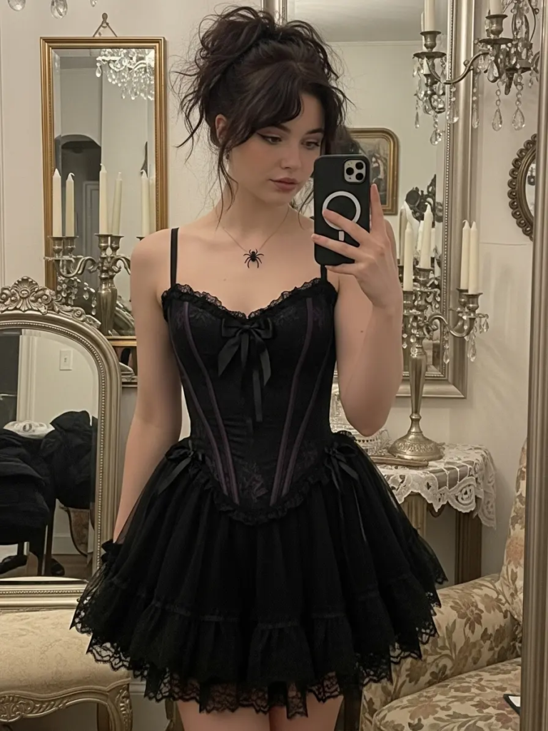 Corset Style Spider Bow Mini Dress with Layered Skirt