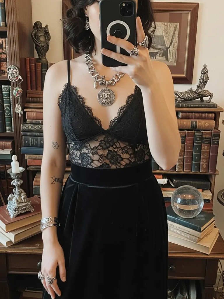 Lace Top Paired with Black Velvet Skirt and Chunky Jewelry