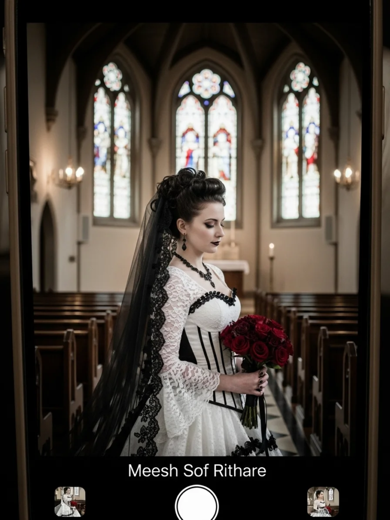 Gothic Bride Ensemble with White Lace, Black Accents, and Veil
