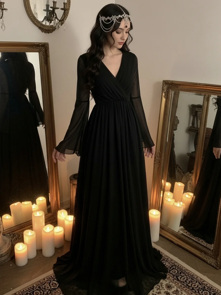 Black Chiffon Dress with Sheer Bell Sleeves and Ornate Headpiece