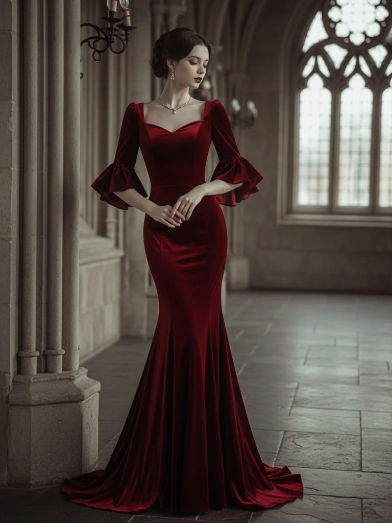 Deep Red Velvet Gown with Fitted Bodice and Ruffled Sleeves