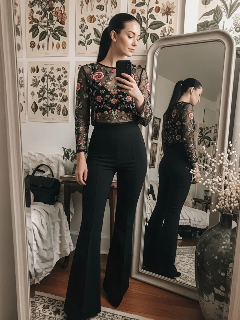 Embroidered Black Mesh Top with High-Waisted Flared Pants