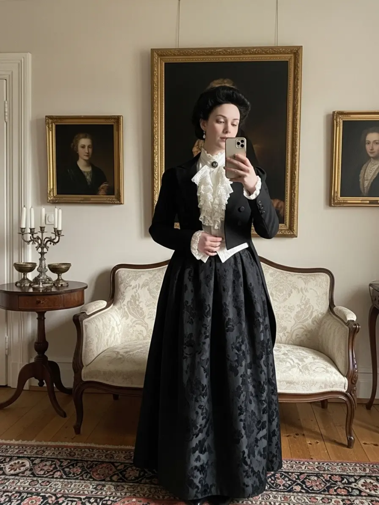 Tailored Black Tailcoat with Lace Ruffled Blouse and Brocade Skirt