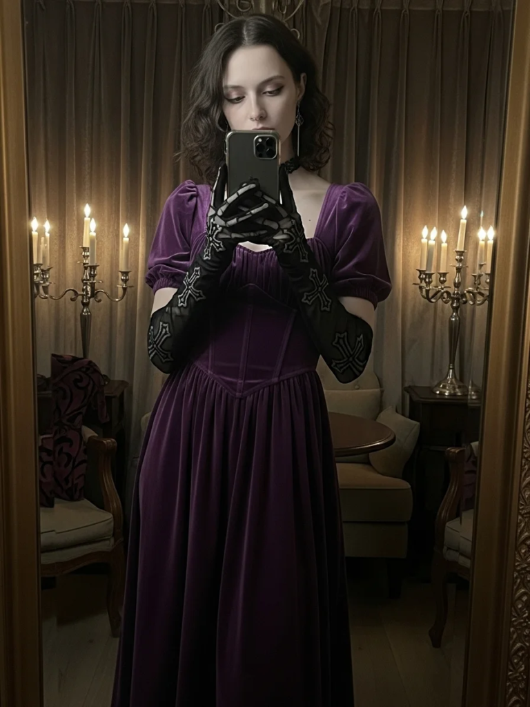 Purple Velvet Midi Dress with Gothic Cross Gloves