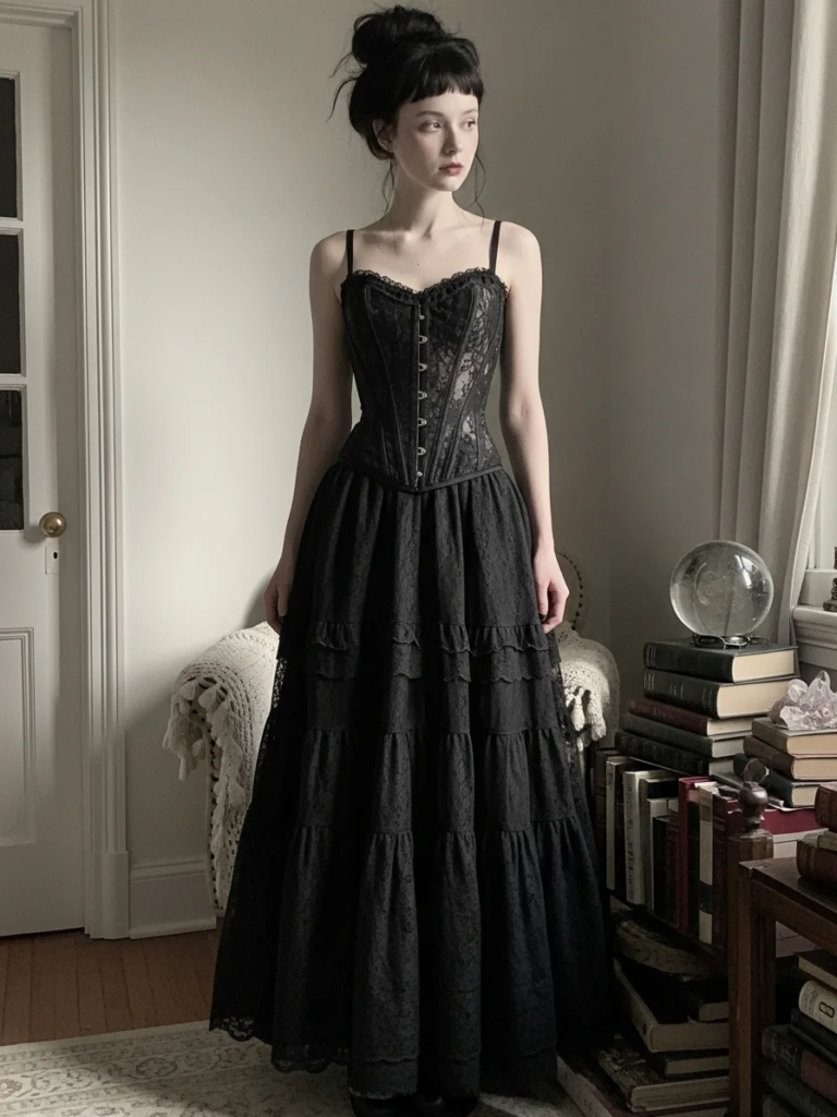 Long Black Skirt with Layered Lace and Fitted Corset Top
