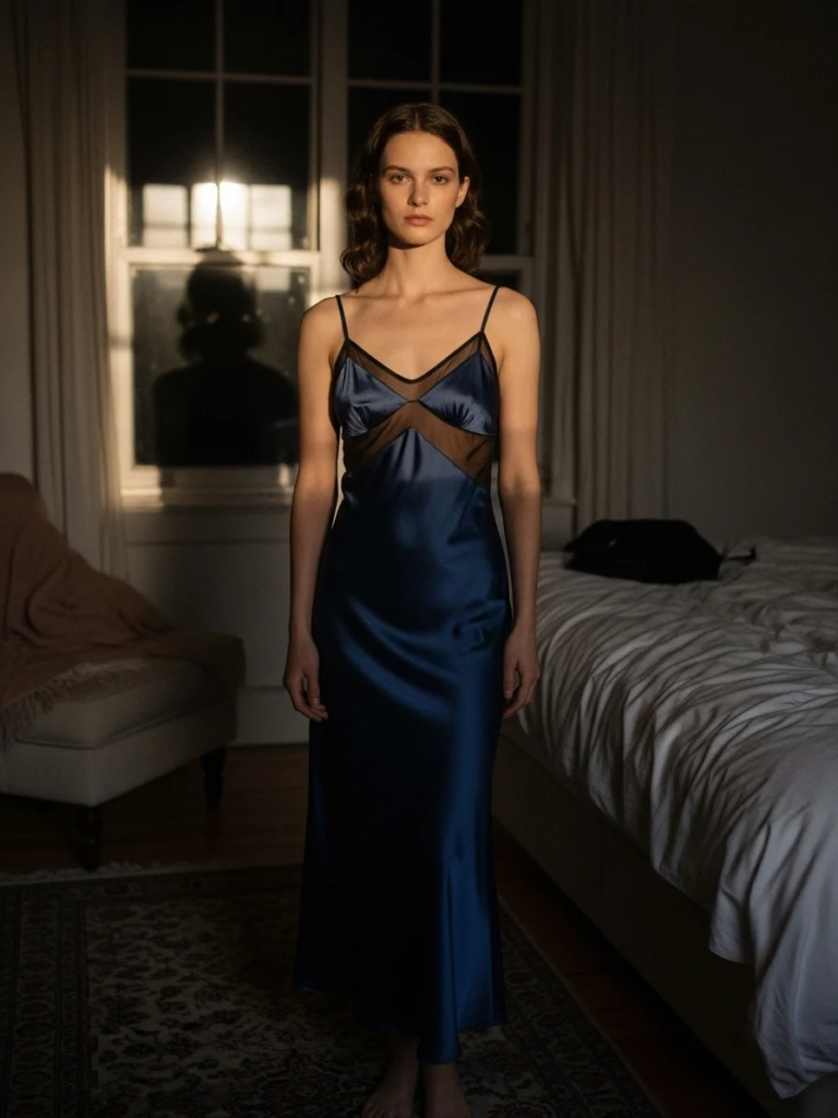 Dark Blue Satin Slip Dress with Sheer Mesh Overlay