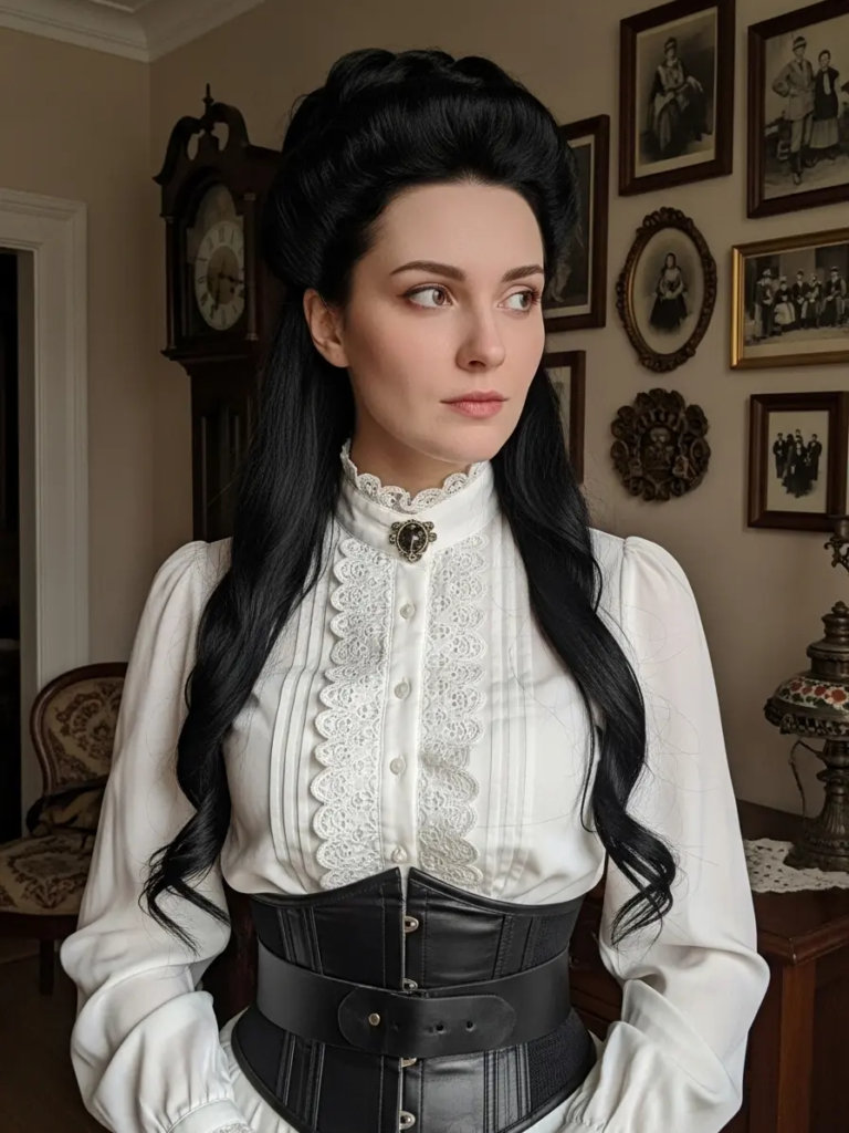 Victorian Ruffled Blouse with Black Leather Corset Belt
