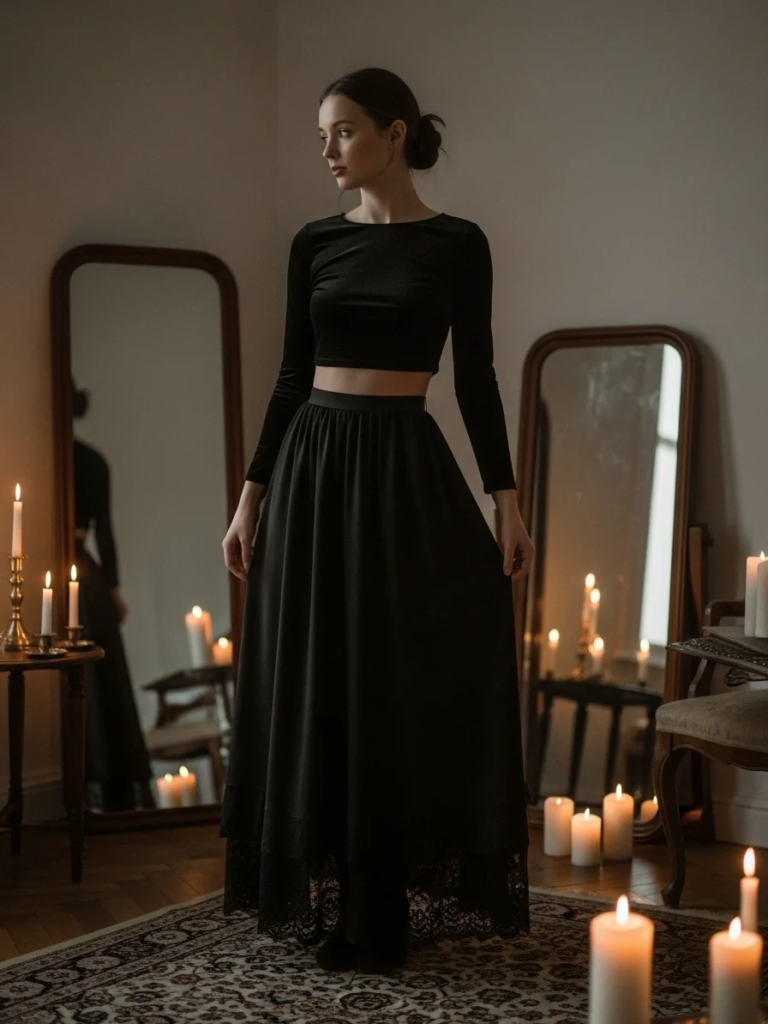 Black Maxi Skirt with Lace Hem and Velvet Crop Top
