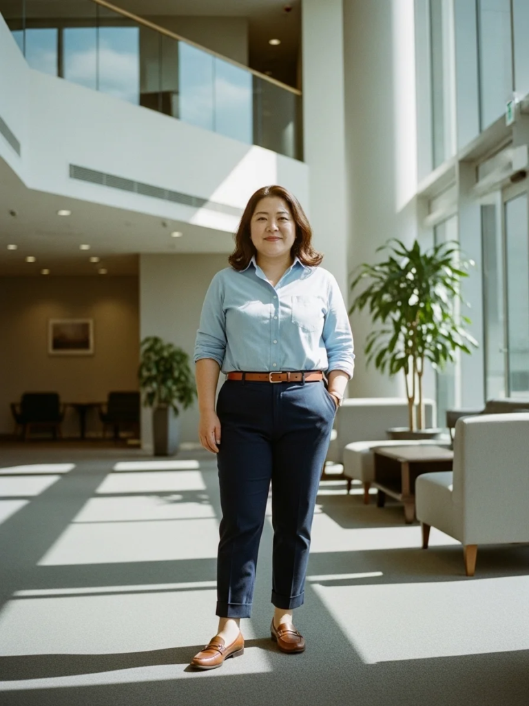 Button-Down Shirt with Ankle-Length Slacks and Loafers