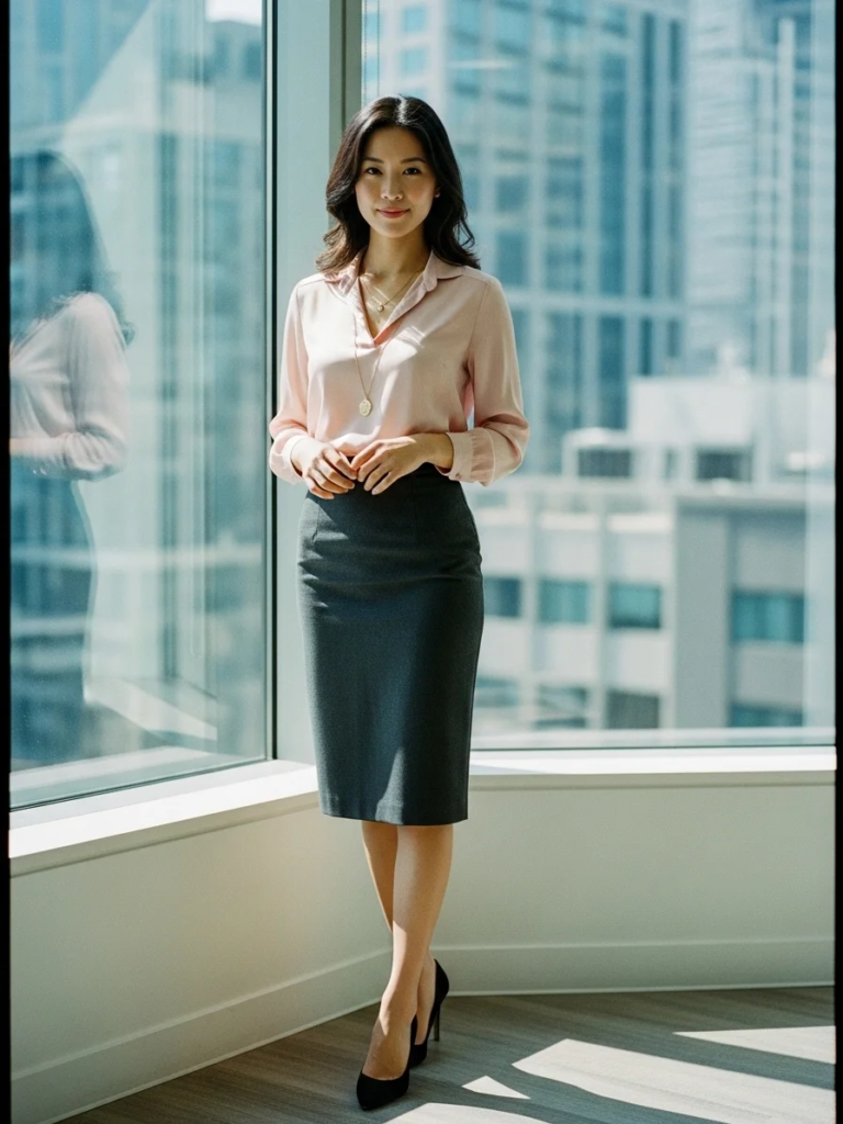 Knee-Length Pencil Skirt with Silk Blouse and Pumps