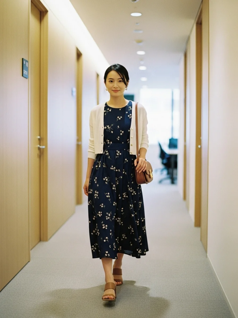 Cropped Cardigan over Midi Dress and Block Heels