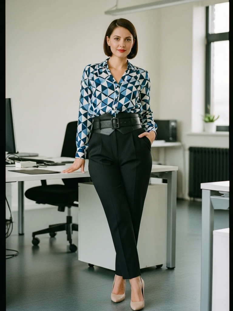 Patterned Blouse with High-Waisted Trousers and Belt