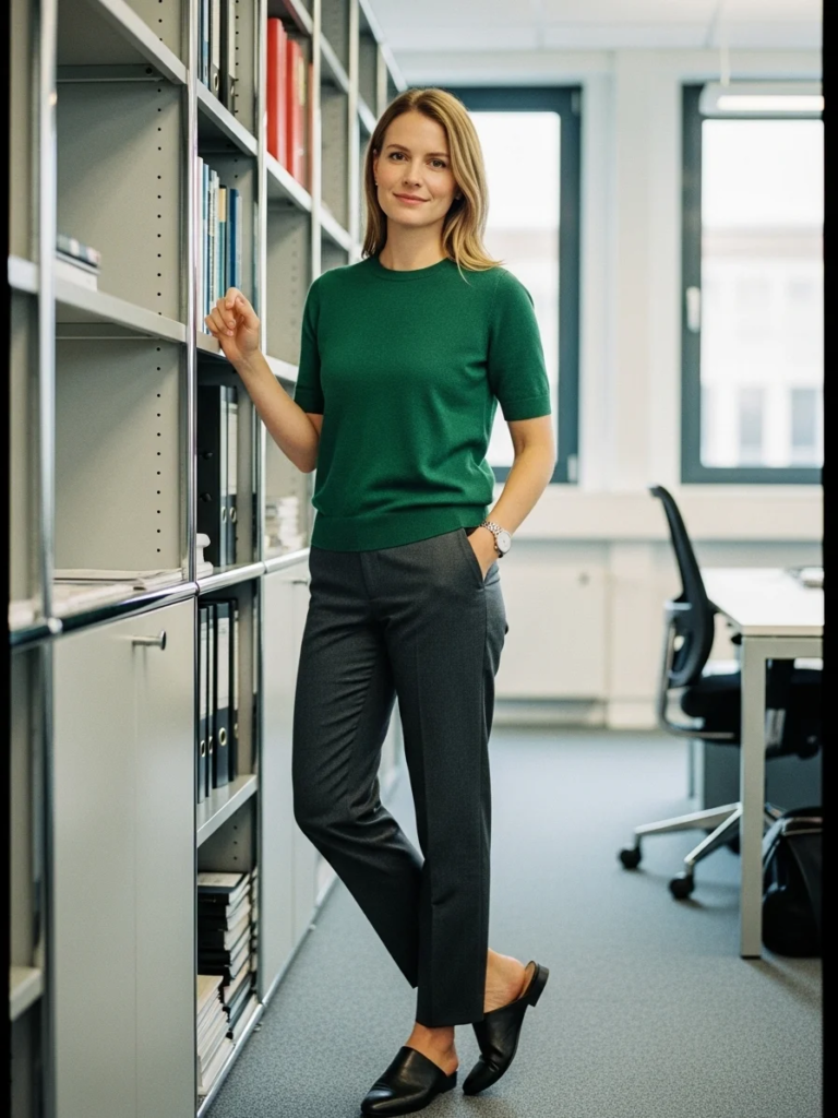 Short-Sleeve Sweater with Dress Slacks and Mules