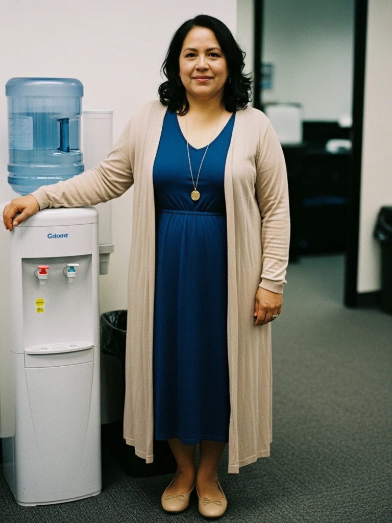 V-Neck Dress with Lightweight Duster and Ballet Flats