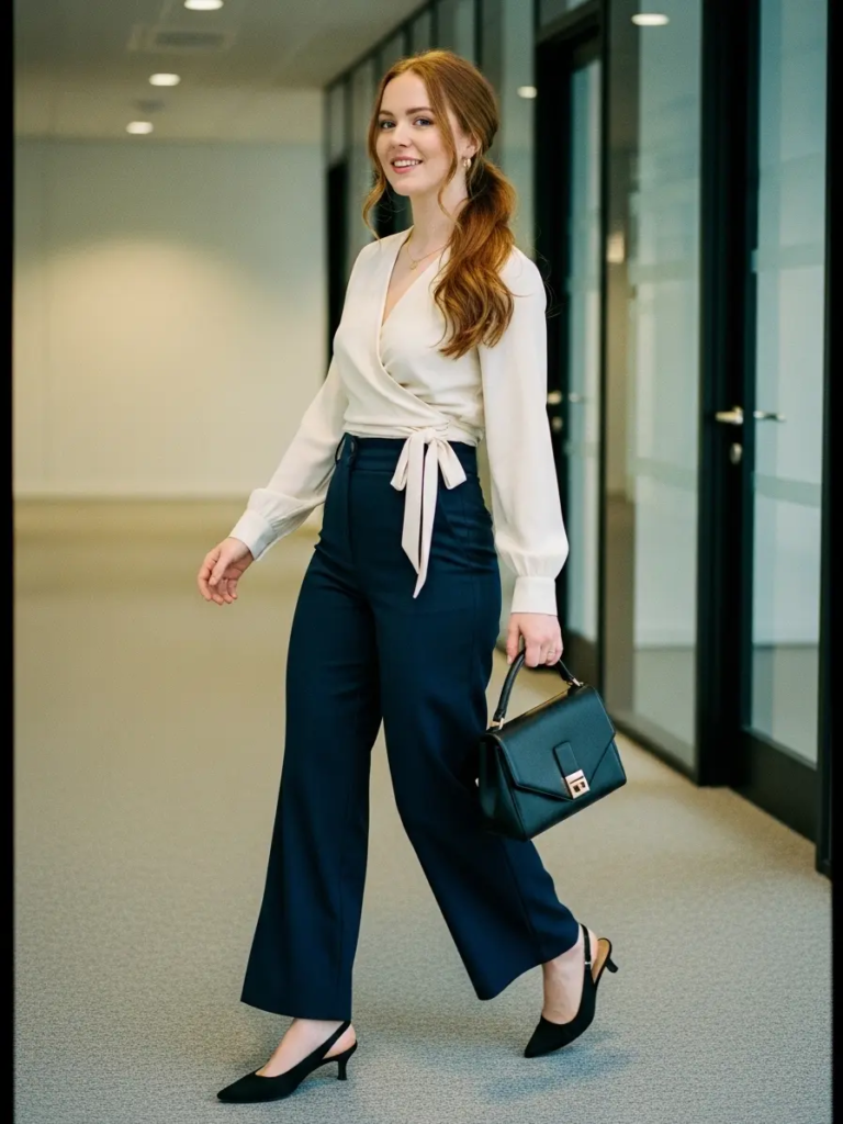 Wrap Blouse with Wide-Leg Pants and Kitten Heels