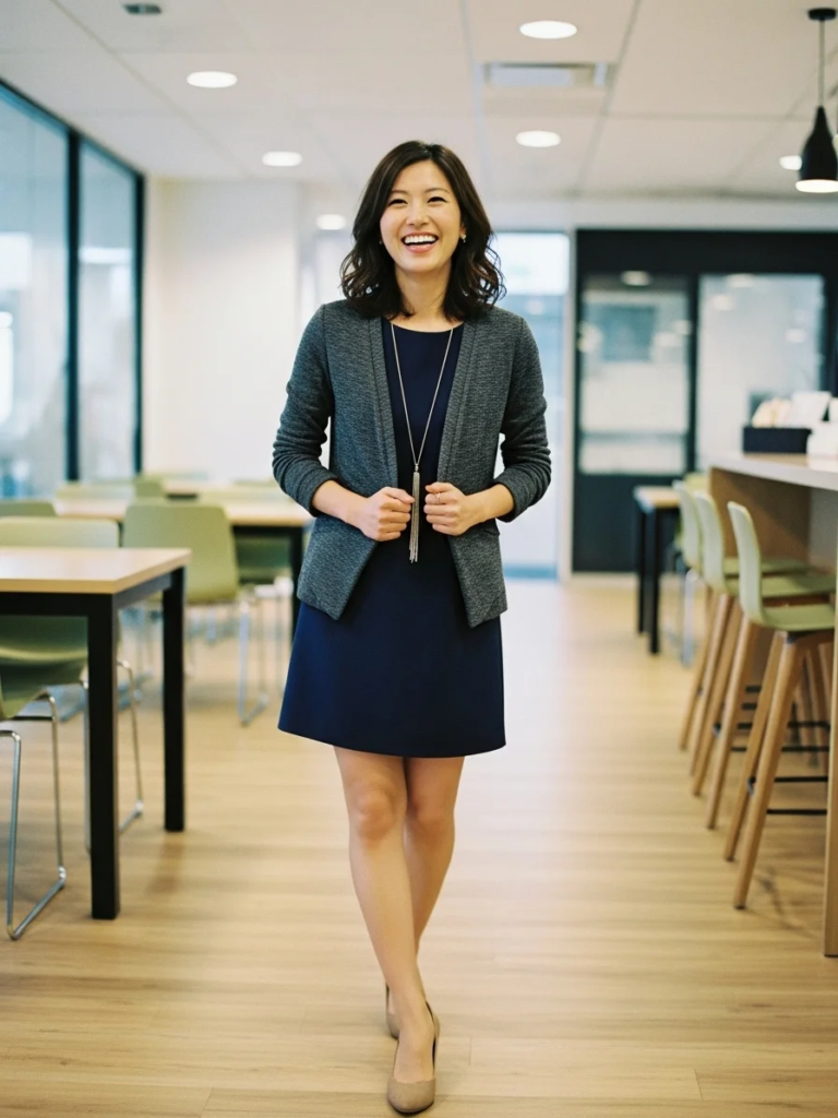 Open-Front Knit Blazer with Shift Dress and Low Heels