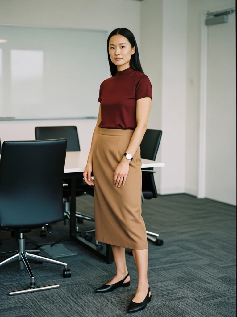 Mock-Neck Top with Midi Skirt and Slingback Shoes