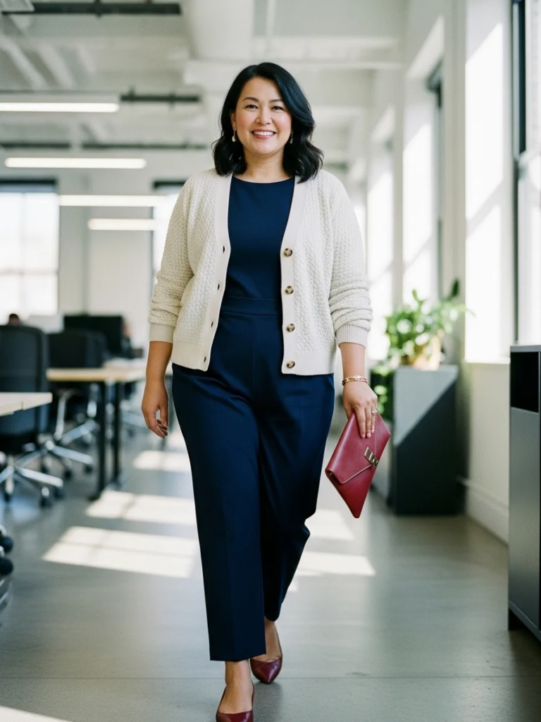 Textured Cardigan with Tailored Jumpsuit and Pointed Flats