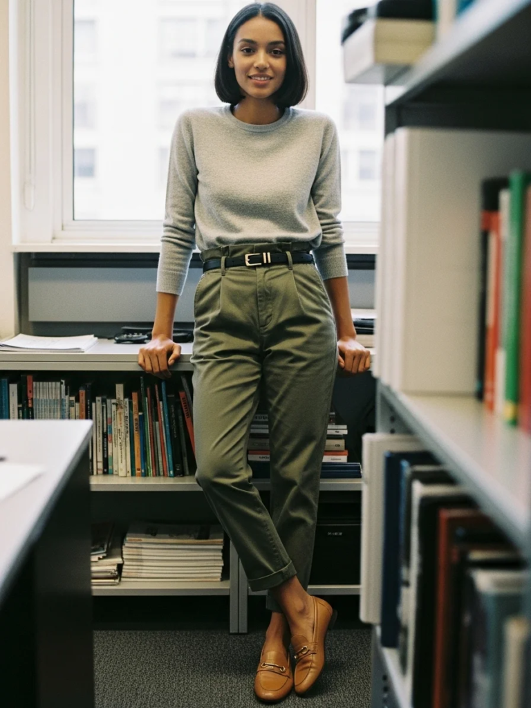 Minimalist Crewneck Sweater with Paperbag Waist Trousers