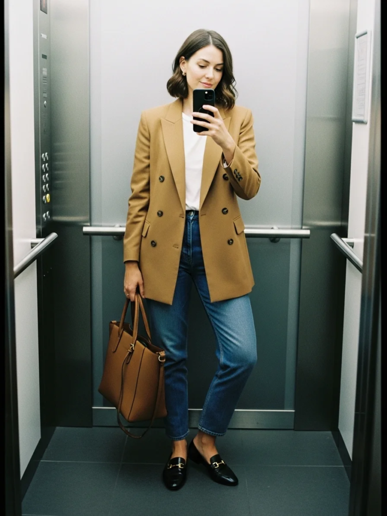 Double-Breasted Blazer with Straight-Leg Jeans and Loafers