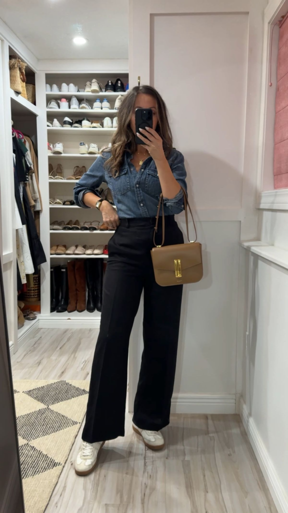 Button-Up Chambray Shirt with Black Slacks and Derby Shoes