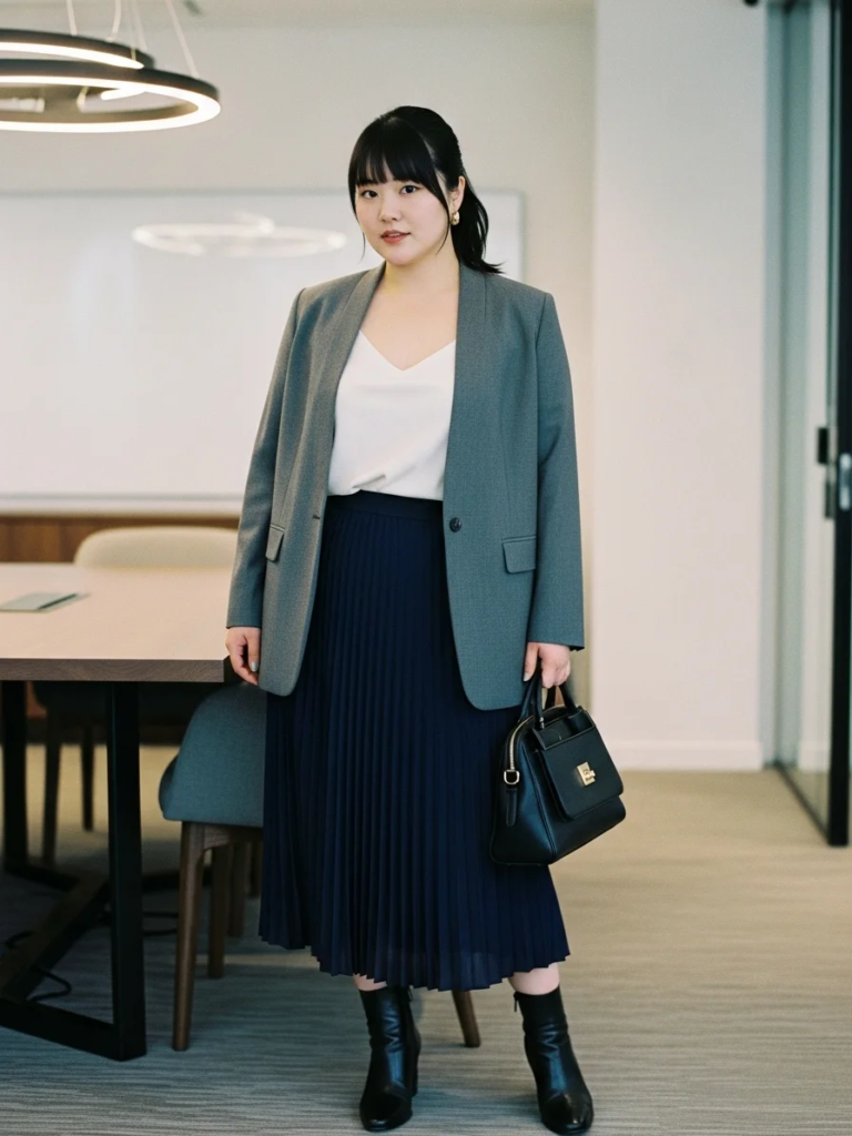 Collarless Blazer with Pleated Skirt and Ankle Boots