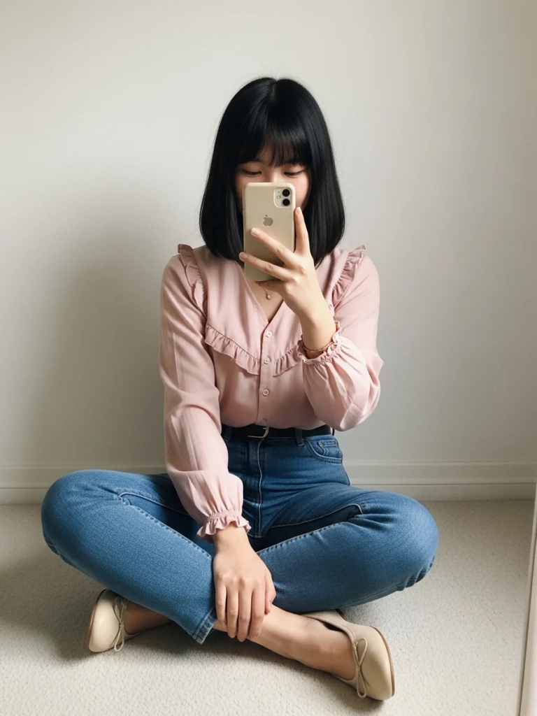 Ruffle-Trimmed Pastel Pink Blouse with High-Waisted Jeans and Ballet Flats