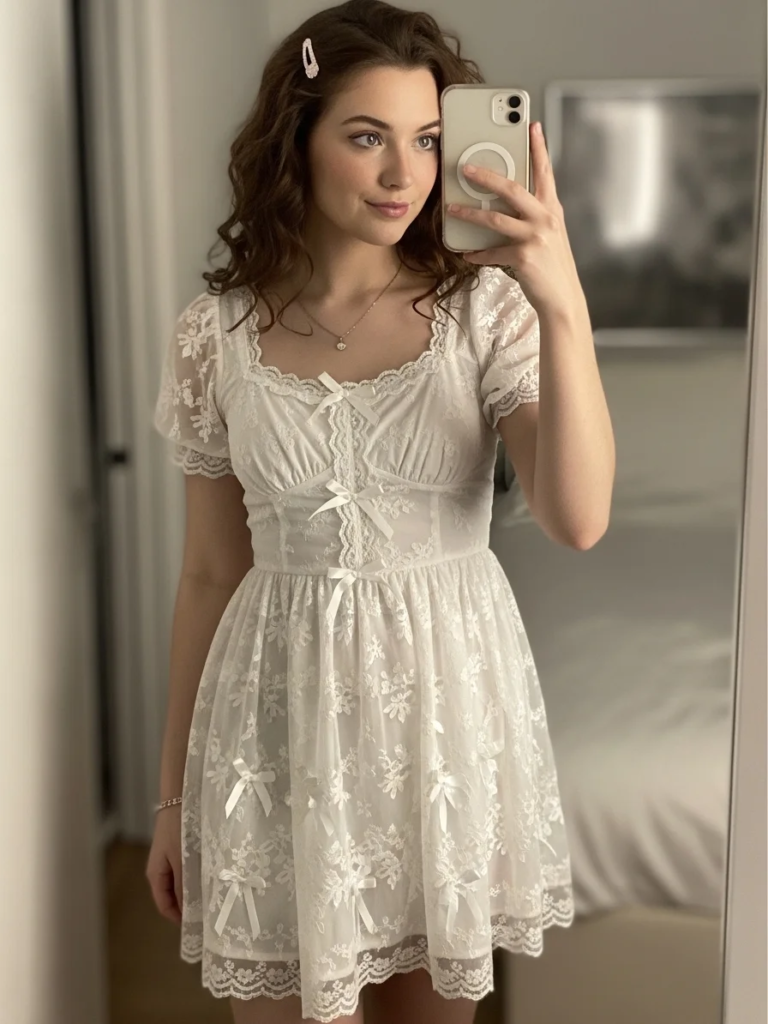 Bow-Adorned White Mini Dress with Delicate Lace Details
