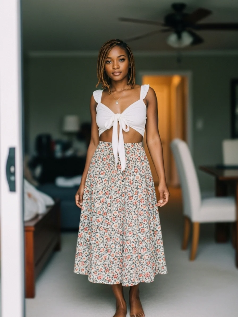 Floral Midi Skirt with Ribbon-Tied Crop Top