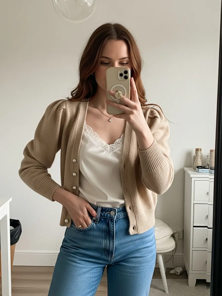 Puff-Sleeve Cardigan with Pearl Buttons over Silk Camisole