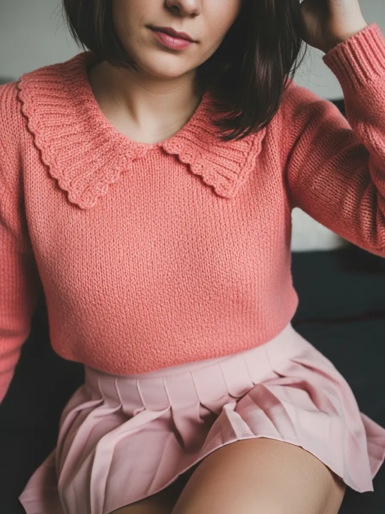 Soft Knit Sweater with Scalloped Collar and Pleated Mini Skirt