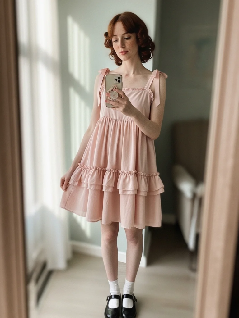 Ruffled Babydoll Dress with Ribbon Straps and Mary Jane Shoes