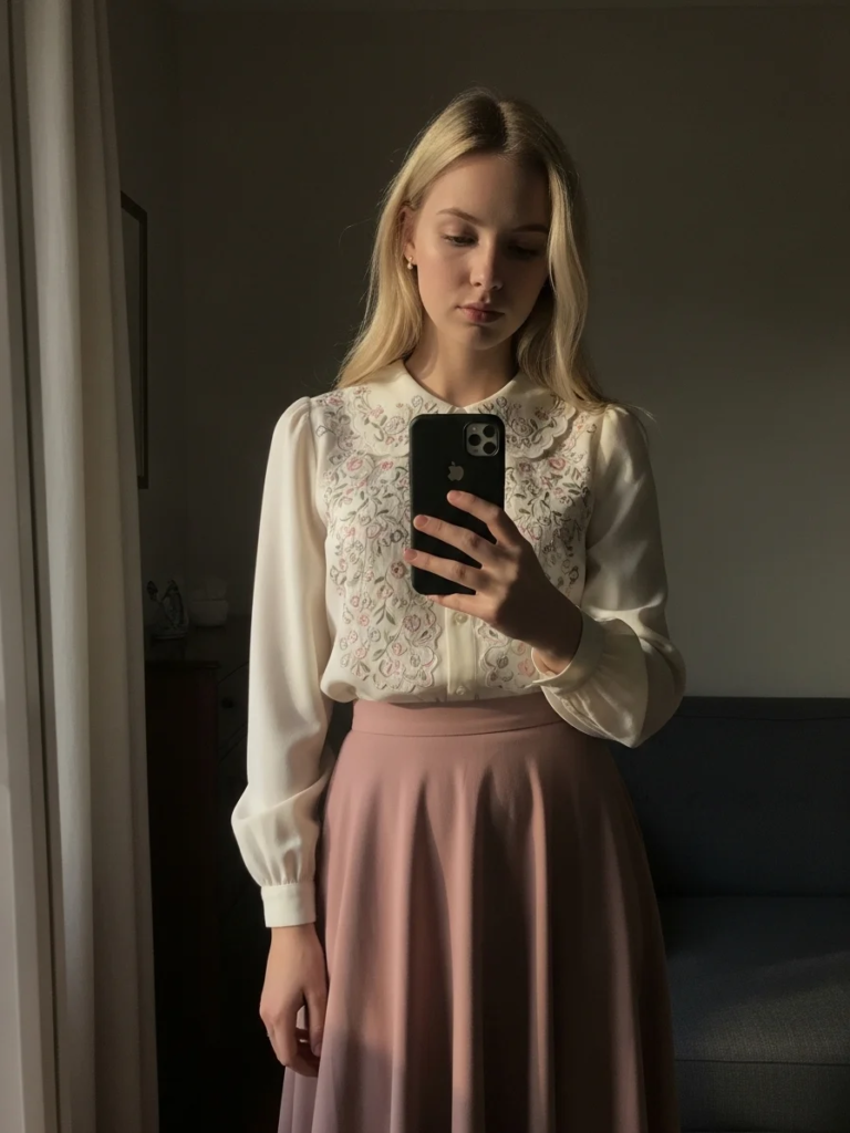 Peter Pan Collar Blouse with Embroidered Details and A-Line Skirt