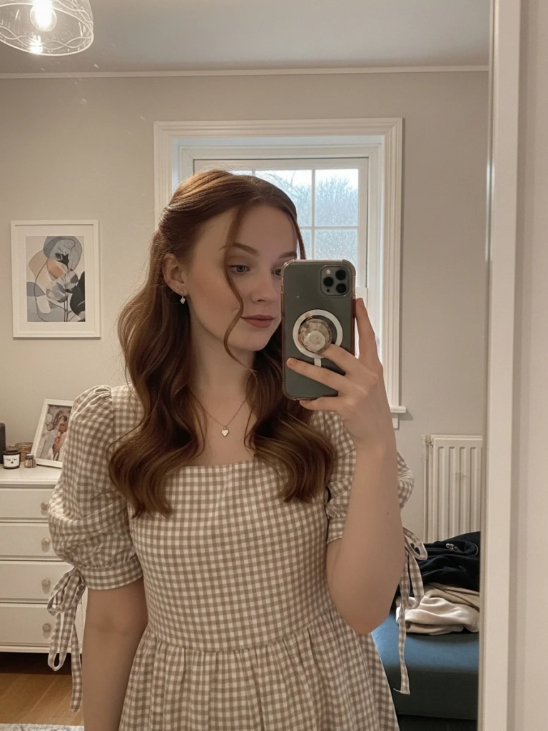 Gingham Print Dress with Puff Sleeves and Ribbon Accents