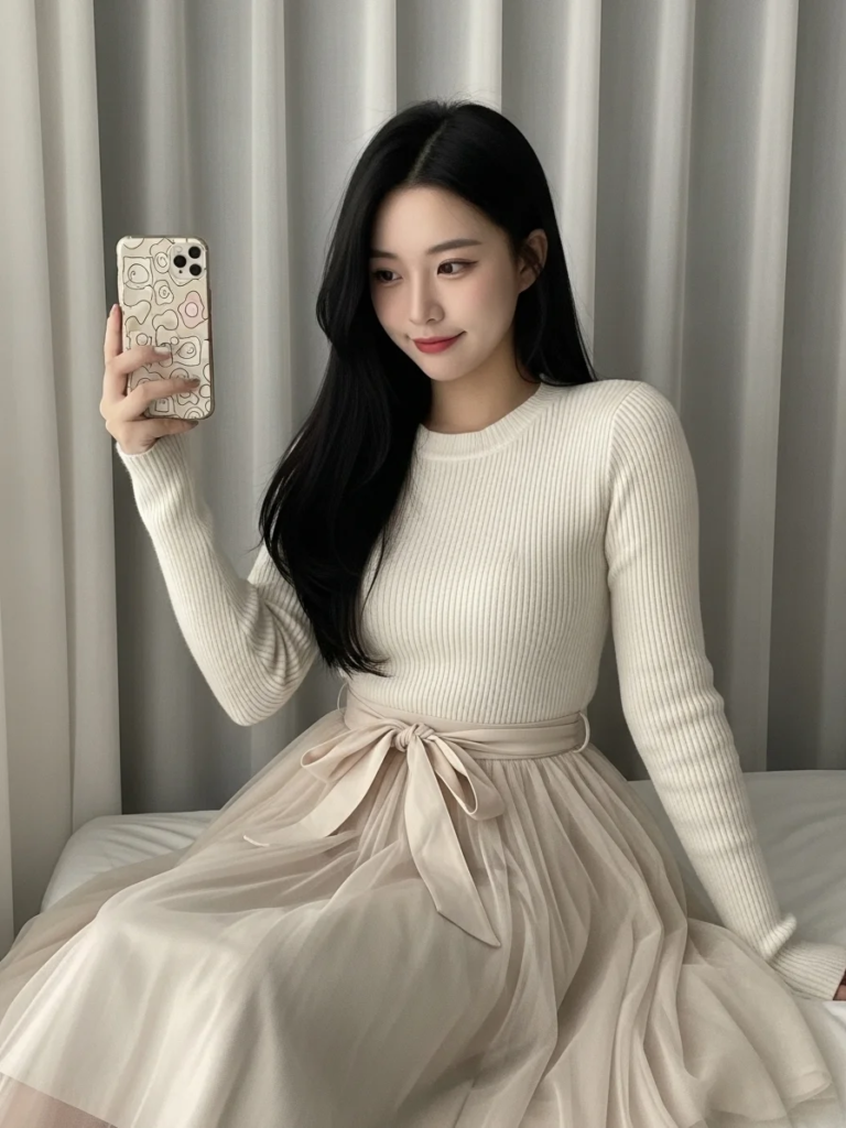 Tulle Overlay Skirt with Bow-Tied Waist and Fitted Knit Top