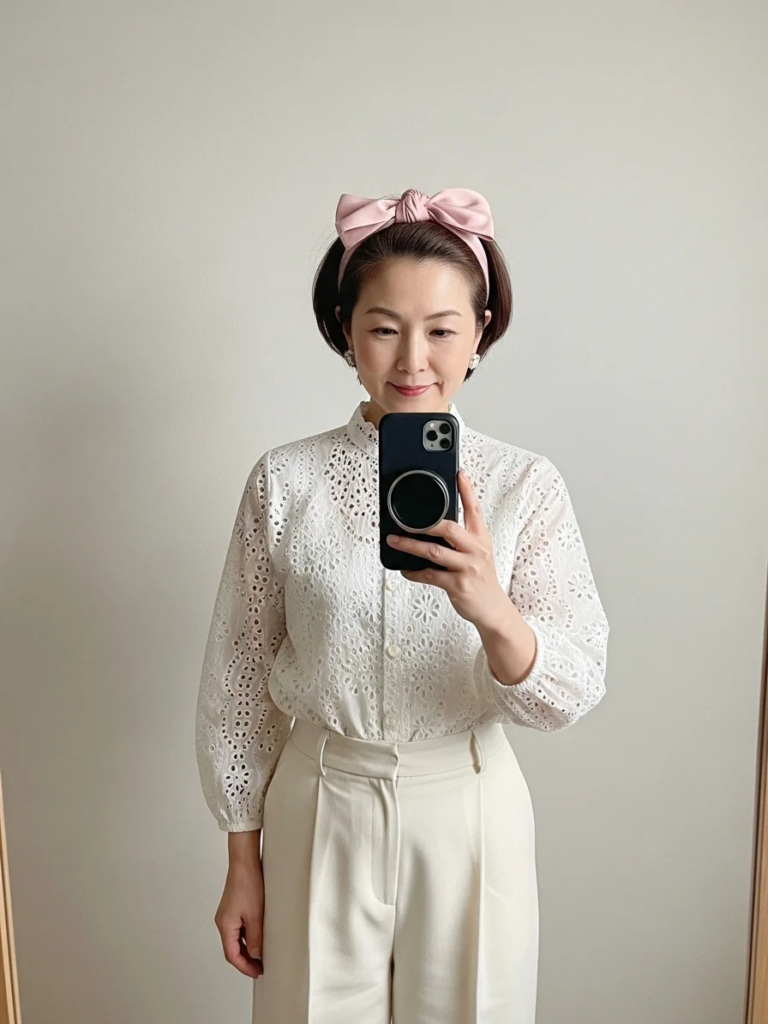 Broderie Anglaise Blouse with Wide-Leg Trousers and Satin Hair Bow