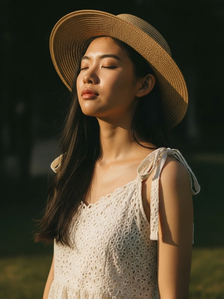 Eyelet Lace Sundress with Ribbon Shoulder Ties and Straw Hat