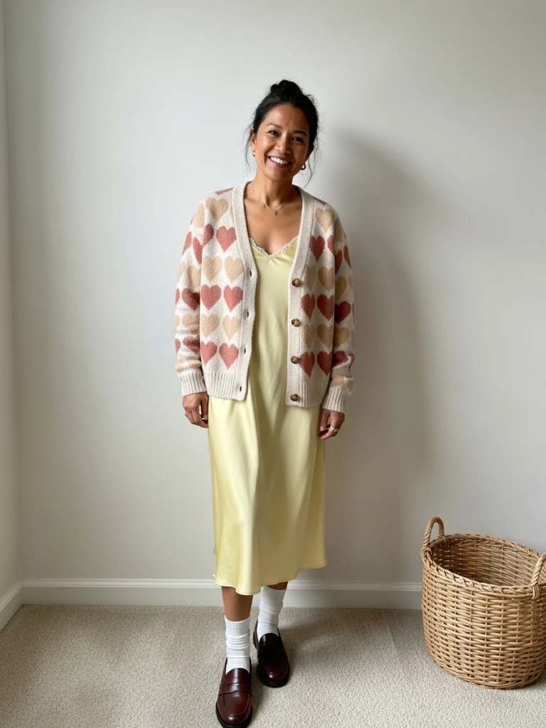 Heart-Patterned Cardigan over Slip Dress with Loafers