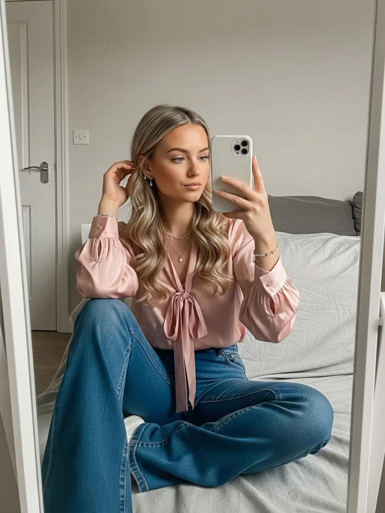 Satin Ribbon-Tied Blouse with Flared Denim and Jewelry