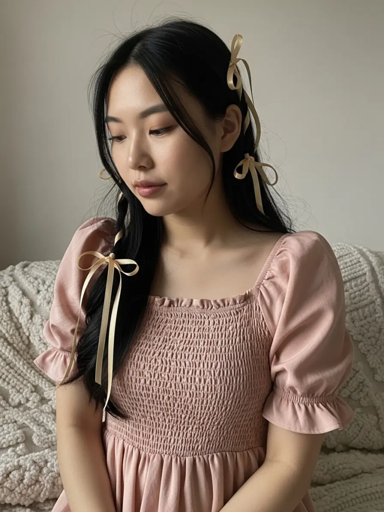 Smocked Bodice Dress with Puff Sleeves and Ribbon Accessories