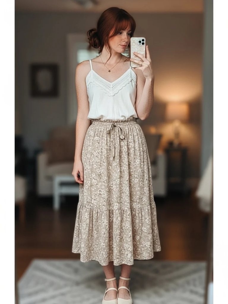 Crochet-Trimmed Tank Top with Flowy Midi Skirt