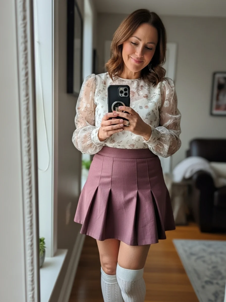 Organza Sleeve Blouse with Pleated Mini and Knee-High Socks